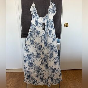 Lulu's White Off-the-Shoulder Midi Dress with Blue Floral Print